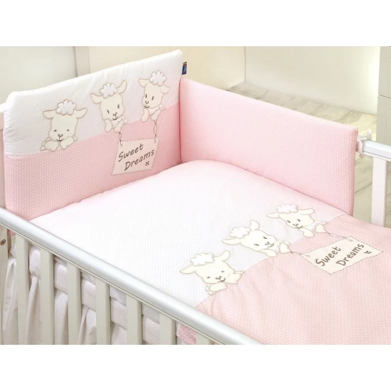 Set lenjerie din bumbac, cu protectie laterala, pentru pat bebelusi, Sweet Dreams Pink, 120 x 60 cm