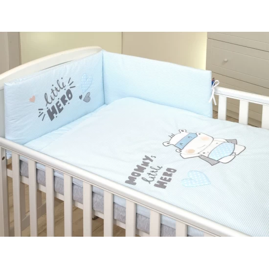 Set lenjerie din bumbac, cu protectie laterala, pentru pat bebelusi, Hero Blue, 120 x 60 cm