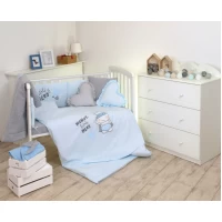 Set lenjerie din bumbac, cu protectie laterala, pentru pat bebelusi, Hero Blue, 120 x 60 cm