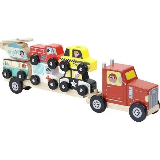Jucarie camion din lemn cu vehicule de transport Vilac Jucarie camion din lemn cu vehicule de transport Vilac