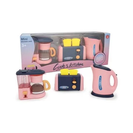 Set de joaca 3 aparate casnice - Filtru cafea, fierbator si prajitor paine Set de joaca 3 aparate casnice - Filtru cafea, fierbator si prajitor paine