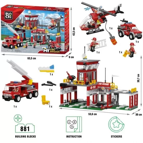 Set cuburi constructie Blocki My Fire - Statia de pompieri, 881 piese Set cuburi constructie Blocki My Fire - Statia de pompieri, 881 piese