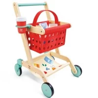 Jucarie din lemn, Carucior rosu de cumparaturi cu accesorii, Hape, 10 piese