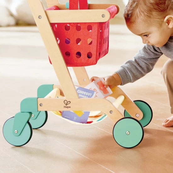 Jucarie din lemn, Carucior rosu de cumparaturi cu accesorii, Hape, 10 piese