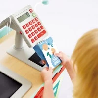 Jucarie din lemn, Carucior rosu de cumparaturi cu accesorii, Hape, 10 piese