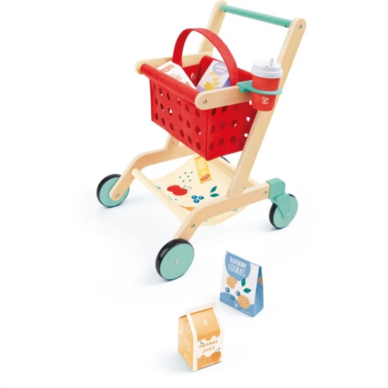 Jucarie din lemn, Carucior rosu de cumparaturi cu accesorii, Hape, 10 piese
