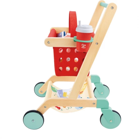 Jucarie din lemn, Carucior rosu de cumparaturi cu accesorii, Hape, 10 piese