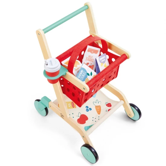Jucarie din lemn, Carucior rosu de cumparaturi cu accesorii, Hape, 10 piese