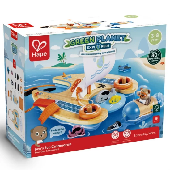 Set de joaca din lemn Catamaran 18 piese, colectia Green Planet Explorers, Hape