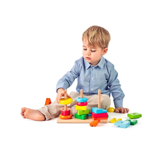 Jucarie educativa din lemn de stivuit, Forme geometrice, Woodyland