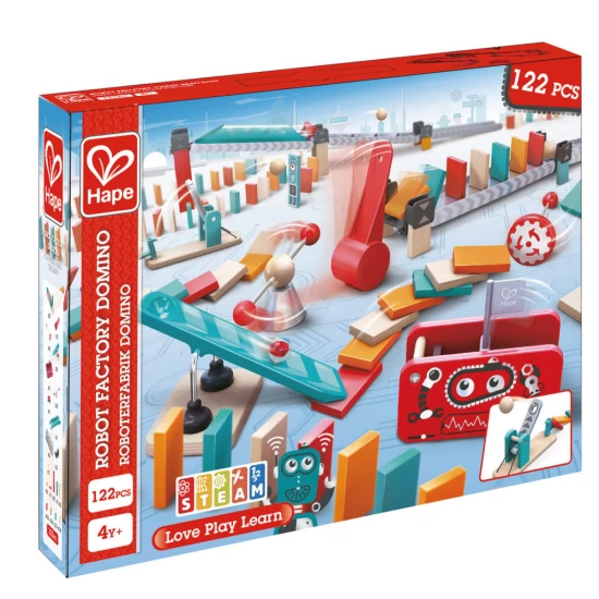 Set de joaca din lemn Domino, Fabrica de roboti, 122 piese Set de joaca din lemn Domino, Fabrica de roboti, 122 piese