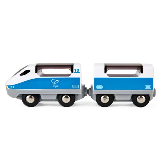 Set trenulet din lemn cu masa de joaca si locomotiva motorizata Hape 70 piese