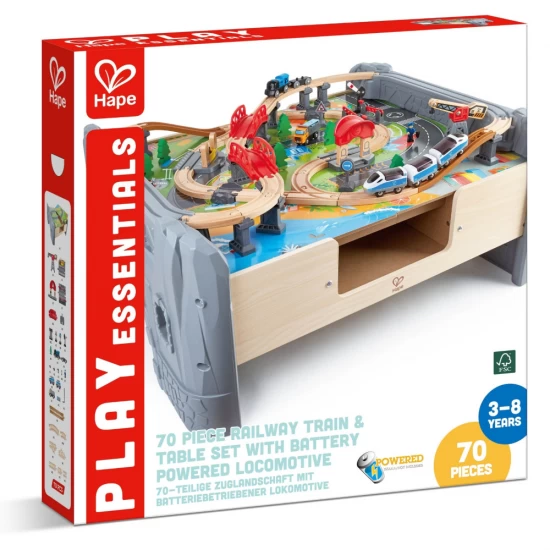 Set trenulet din lemn cu masa de joaca si locomotiva motorizata Hape 70 piese