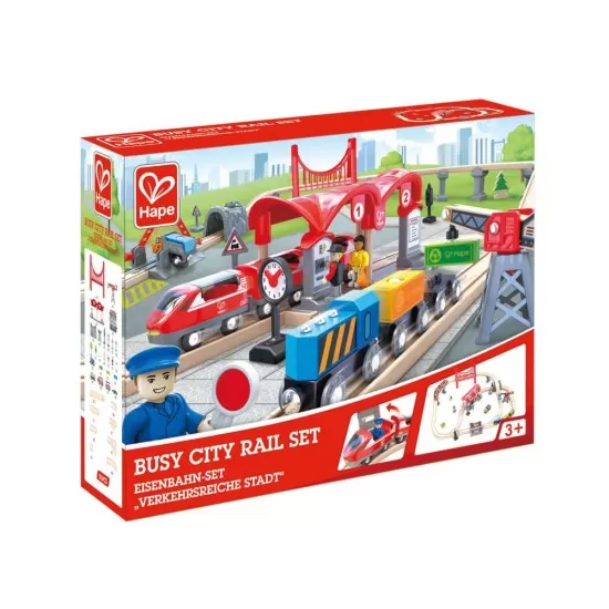 Set de joaca din lemn trenuri urbane Hape 51 piese Set de joaca din lemn trenuri urbane Hape 51 piese