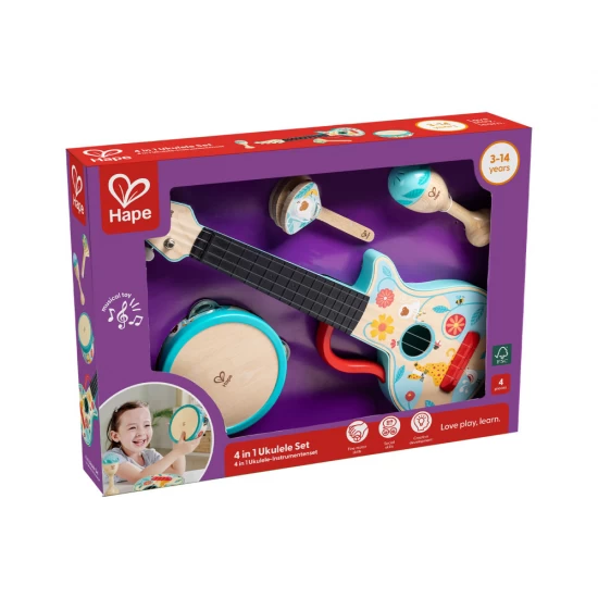 Set de ukulele din lemn 4 in 1 pentru copii Set de ukulele din lemn 4 in 1 pentru copii
