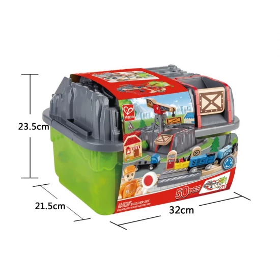 Set trenulet de lemn cu cutie depozitare 50 piese Hape Set trenulet de lemn cu cutie depozitare 50 piese Hape