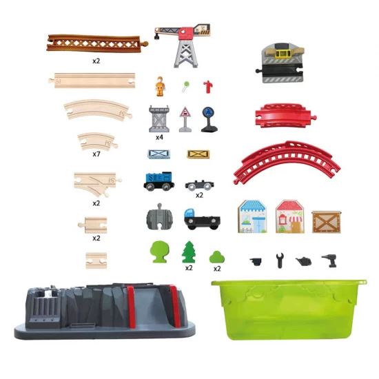 Set trenulet de lemn cu cutie depozitare 50 piese Hape Set trenulet de lemn cu cutie depozitare 50 piese Hape