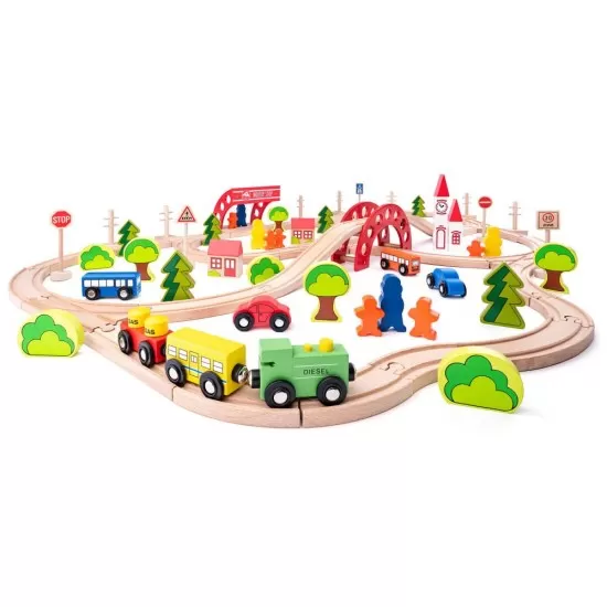 Set trenulet din lemn cu pod si bariera 90 piese Set trenulet din lemn cu pod si bariera 90 piese