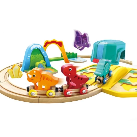 Set trenulet din lemn cu dinozauri Hape 27 piese