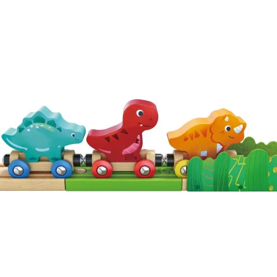 Set trenulet din lemn cu dinozauri Hape 27 piese