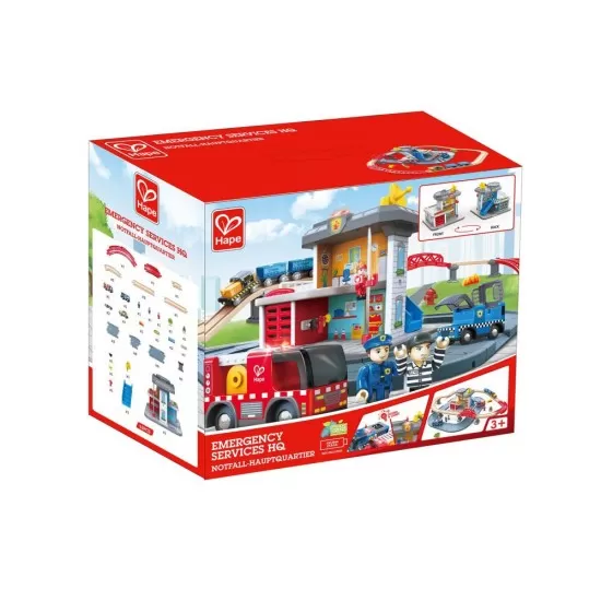 Set de joaca trenulet din lemn cu servicii de urgenta Hape 55 piese Set de joaca trenulet din lemn cu servicii de urgenta Hape 55 piese