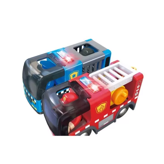 Set de joaca trenulet din lemn cu servicii de urgenta Hape 55 piese Set de joaca trenulet din lemn cu servicii de urgenta Hape 55 piese
