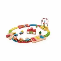 Jucarie din lemn Hape - Sina de tren curcubeu cu puzzle 30 piese
