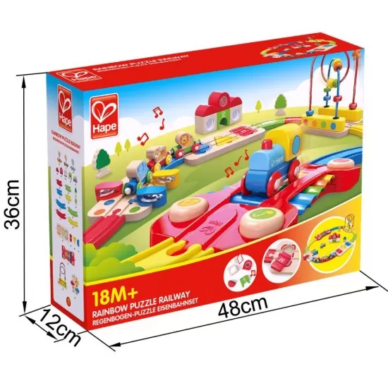 Jucarie din lemn Hape - Sina de tren curcubeu cu puzzle 30 piese Jucarie din lemn Hape - Sina de tren curcubeu cu puzzle 30 piese
