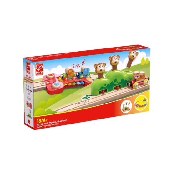 Set trenulet din lemn cu sina de tren muzicala Jungla 19 piese Set trenulet din lemn cu sina de tren muzicala Jungla 19 piese