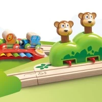 Set trenulet din lemn cu sina de tren muzicala Jungla 19 piese