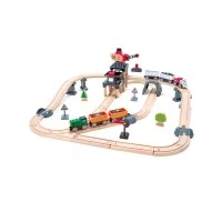 Set de joaca circuit din lemn Hape cu tren si incarcator minier 64 piese