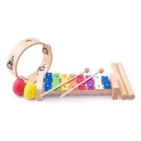 Set de joaca instrumente muzicale din lemn - Xilofon, tamburina, 2 maracas