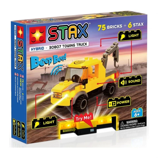Set constructie pentru copii, Camion tractare cu lumini si sunete Stax, 75 blocuri de constructie si 6 STAX, +6 ani