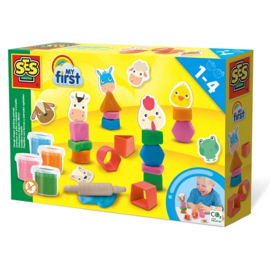 Set creativ Animale din plastilina cu sucitor din lemn, figurine animale din carton, 4 culori plastilina