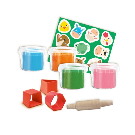 Set creativ Animale din plastilina cu sucitor din lemn, figurine animale din carton, 4 culori plastilina