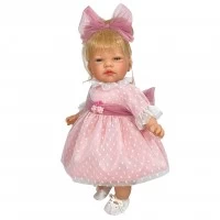 Papusa Nines D'Onil Celia cu parul blond, rochie roz plumeti, miros de vanilie, 45 cm