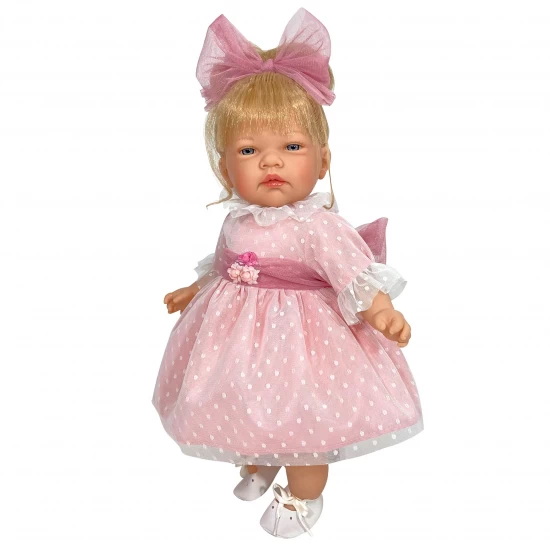 Papusa Nines D'Onil Celia cu parul blond, rochie roz plumeti, miros de vanilie, 45 cm Papusa Nines D'Onil Celia cu parul blond, rochie roz plumeti, miros de vanilie, 45 cm