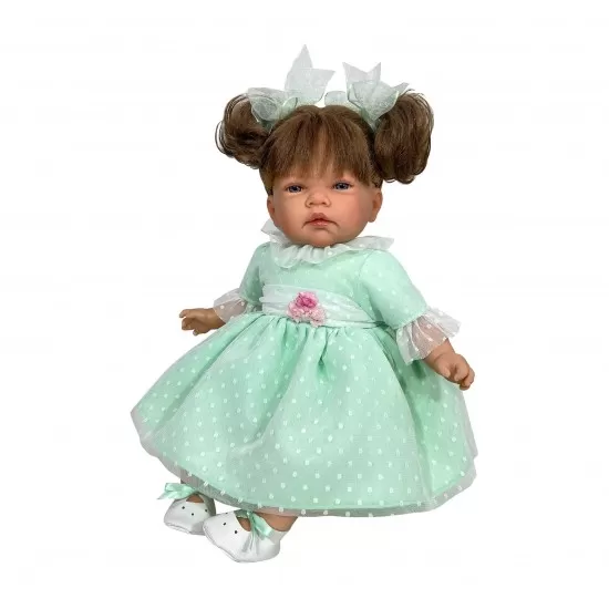 Papusa Nines D'Onil Celia cu parul saten, rochie menta plumeti si miros de vanilie 45 cm Papusa Nines D'Onil Celia cu parul saten, rochie menta plumeti si miros de vanilie 45 cm
