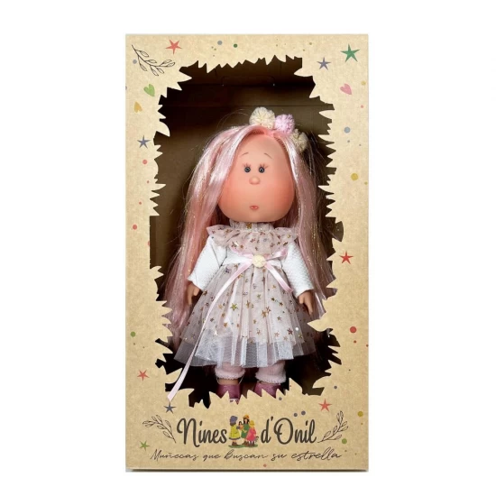 Papusa Nines D'Onil, Mia, cu parul roz, sclipici, articulatii, miros de vanilie, 30 cm