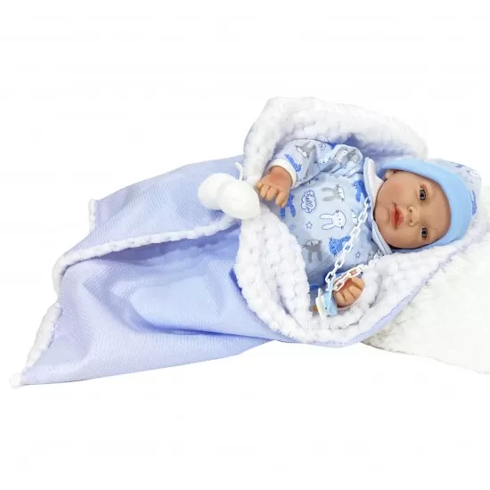 Papusa Nines D'Onil Nana nou-nascut cu sunete, haine albastre si miros de vanilie 45 cm Papusa Nines D'Onil Nana nou-nascut cu sunete, haine albastre si miros de vanilie 45 cm