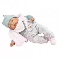 Papusa Nines D'Onil Snow nou-nascut cu sunete si ochii inchisi, ambalata in saculet, cu miros de vanilie, 45 cm