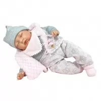 Papusa Nines D'Onil Snow nou-nascut cu sunete si ochii inchisi, ambalata in cutie, cu miros de vanilie, 45 cm