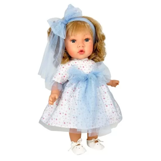 Papusa Nines D'Onil Susette Tul cu parul blond, sunete, funda albastra si miros de vanilie 45 cm Papusa Nines D'Onil Susette Tul cu parul blond, sunete, funda albastra si miros de vanilie 45 cm