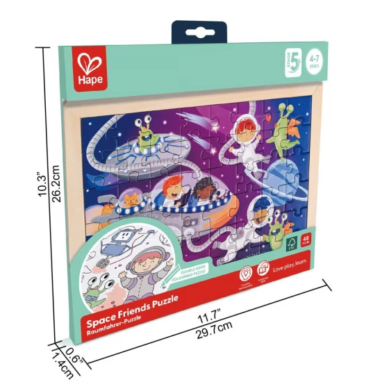 Puzzle din lemn 2 in 1 - Prietenii din Spatiu (50 piese), cu fata dubla si activitate colorare