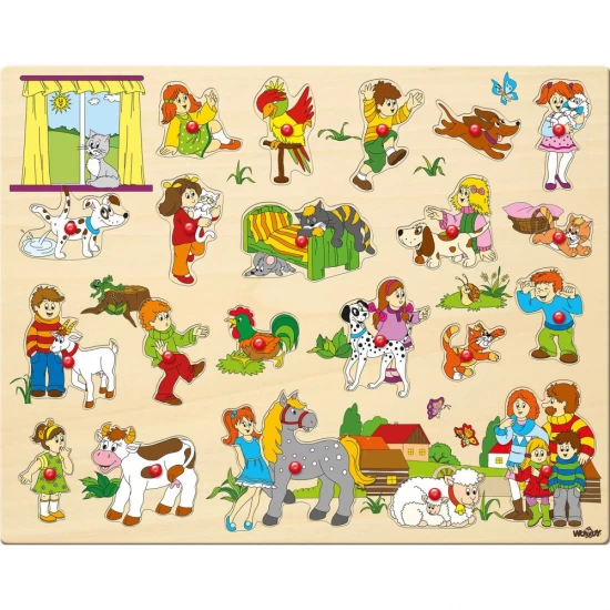 Puzzle din lemn, Copii si animale, Woodyland, 21 piese