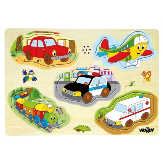 Puzzle din lemn cu sunete - Vehicule Puzzle din lemn cu sunete - Vehicule