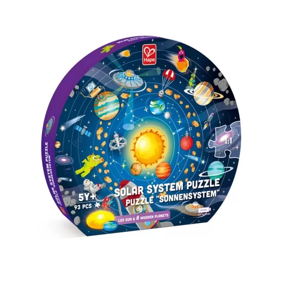 Puzzle Sistemul Solar pentru copii, cu led si planete din lemn 102 piese Hape Puzzle Sistemul Solar pentru copii, cu led si planete din lemn 102 piese Hape