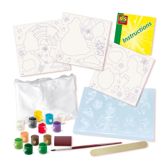 Set creativ de copii cu mulaj si 3 panze de pictat printese Set creativ de copii cu mulaj si 3 panze de pictat printese