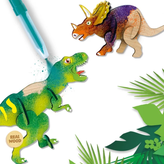 Set creativ pentru copii, Desenez dinozauri din lemn cu markere cu aerograf, +5 ani Set creativ pentru copii, Desenez dinozauri din lemn cu markere cu aerograf, +5 ani