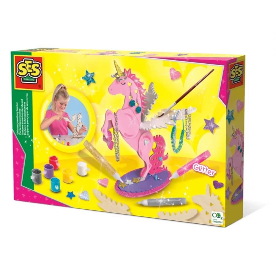 Set creativ pentru copii suport de bijuterii unicorn cu 6 culori acuarele si lipici cu sclipici